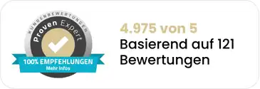 ProvenExpert: 4,975 von 5, basierend auf 121 Bewertungen, 100 % Empfehlungen