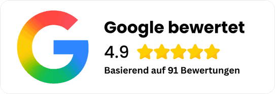Google Bewertung: 4,9 von 5 Sternen, basierend auf 91 Bewertungen
