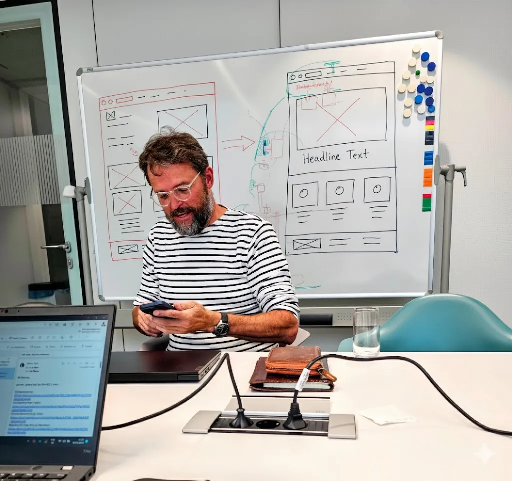 Colleague in front of the whiteboard with wireframes