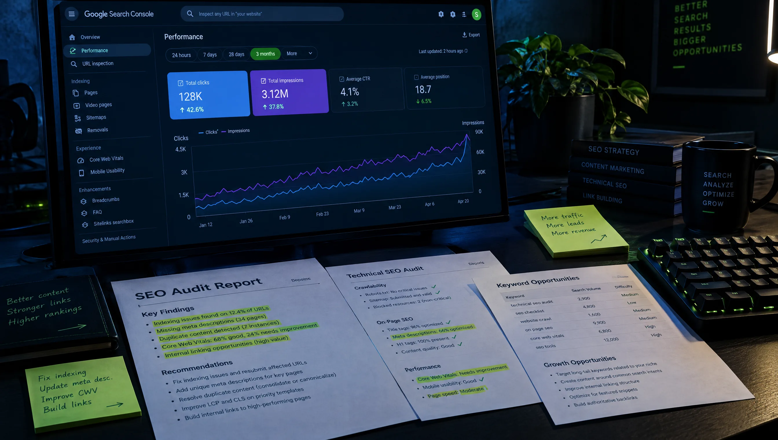Monitor mit Google Search Console Dashboard und SEO Audit Report