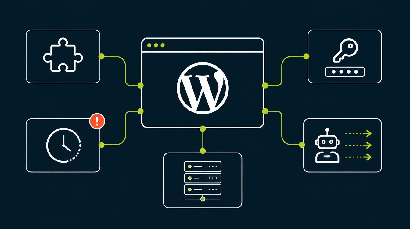 Angriffsflächen einer WordPress Website: Plugins, Logins, Server und Uploads.