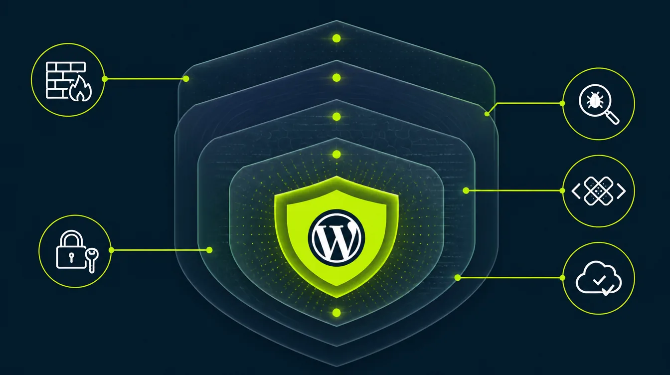 Schutzebenen für WordPress Sicherheit: Firewall, Härtung, Backups und Monitoring.